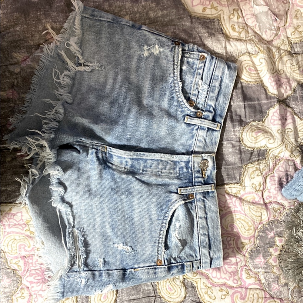 Distressed Light Blue Denim Shorts